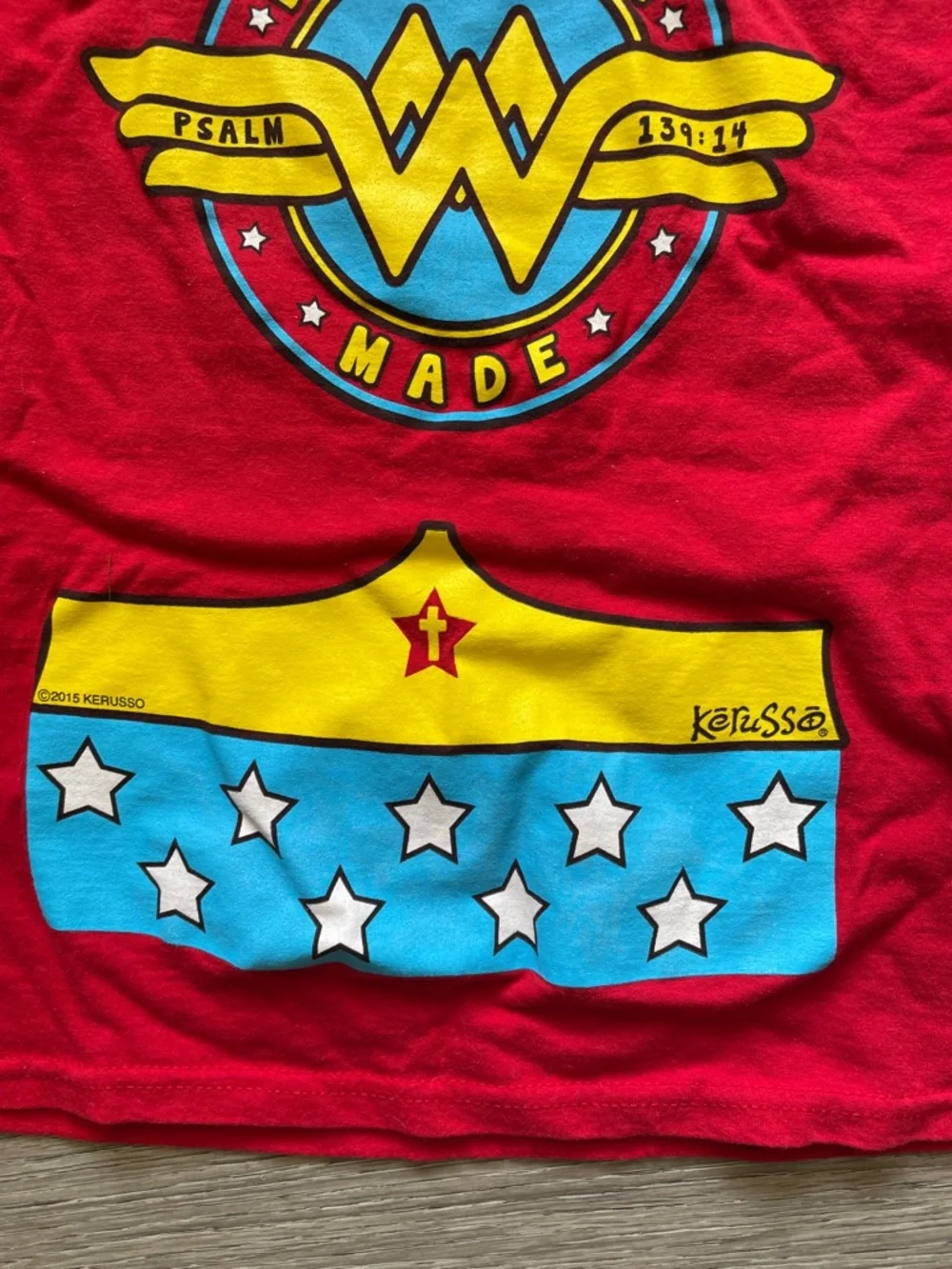 Jerzees Red Wonderfully Made Kids Superhero Tee with Yellow and Blue Print